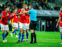 Tomas Soucek and Guillermo Cuadra are present during a UEFA Nations League match between the Ukraine and Czechia national teams in Wroclaw,...