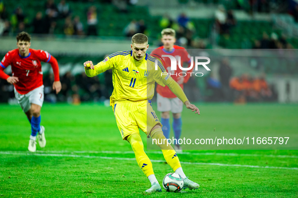 Artem Dovbyk plays during a UEFA Nations League match between the Ukraine and Czechia national teams in Wroclaw, Poland, on October 14, 2024...