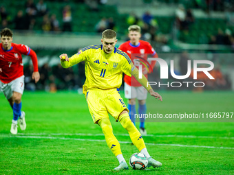 Artem Dovbyk plays during a UEFA Nations League match between the Ukraine and Czechia national teams in Wroclaw, Poland, on October 14, 2024...