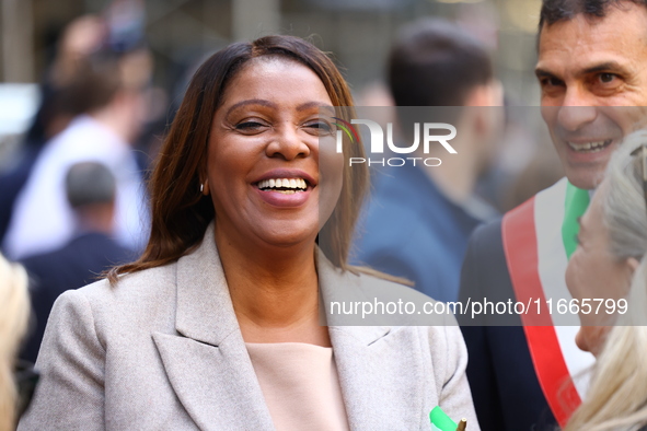 Attorney General of New York Letitia James stands before the start of the Columbus Day Parade in New York City, United States, on October 14...