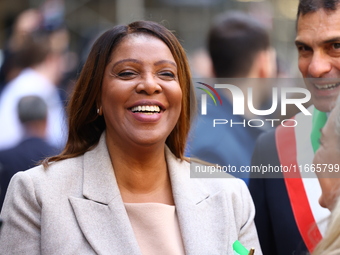 Attorney General of New York Letitia James stands before the start of the Columbus Day Parade in New York City, United States, on October 14...