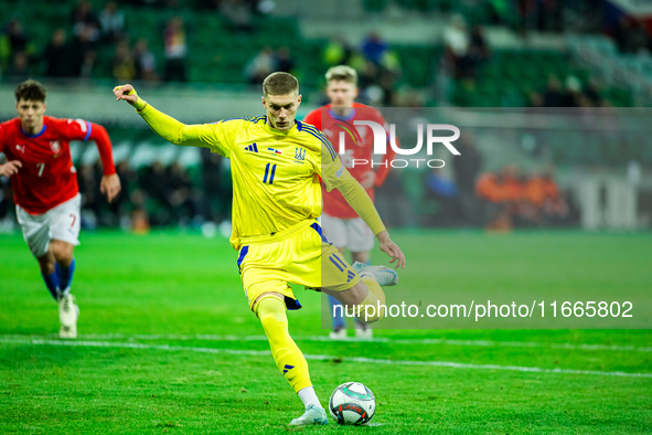 Artem Dovbyk plays during a UEFA Nations League match between the Ukraine and Czechia national teams in Wroclaw, Poland, on October 14, 2024...