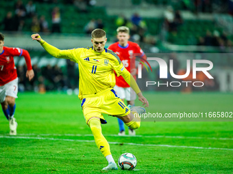 Artem Dovbyk plays during a UEFA Nations League match between the Ukraine and Czechia national teams in Wroclaw, Poland, on October 14, 2024...