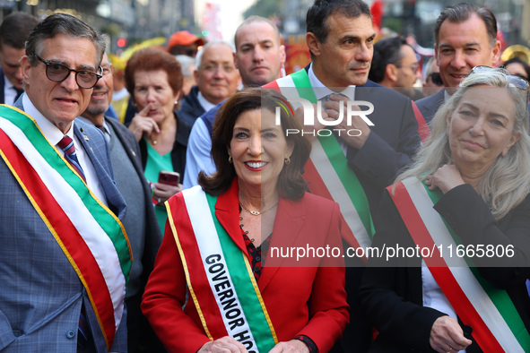 New York Governor Kathy Hochul marches up 5th Avenue in the Columbus Day Parade in New York City, on October 14, 2024. 