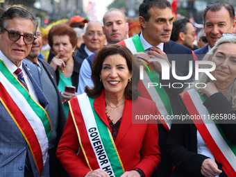 New York Governor Kathy Hochul marches up 5th Avenue in the Columbus Day Parade in New York City, on October 14, 2024. (