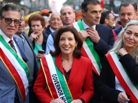 New York Governor Kathy Hochul marches up 5th Avenue in the Columbus Day Parade in New York City, on October 14, 2024. (