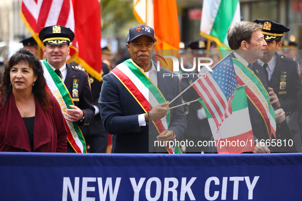 New York Mayor Eric Adams marches up 5th Avenue in the Columbus Day Parade in New York City, on October 14, 2024. 