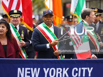 New York Mayor Eric Adams marches up 5th Avenue in the Columbus Day Parade in New York City, on October 14, 2024. (