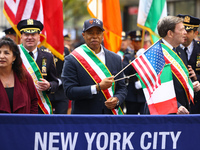 New York Mayor Eric Adams marches up 5th Avenue in the Columbus Day Parade in New York City, on October 14, 2024. (