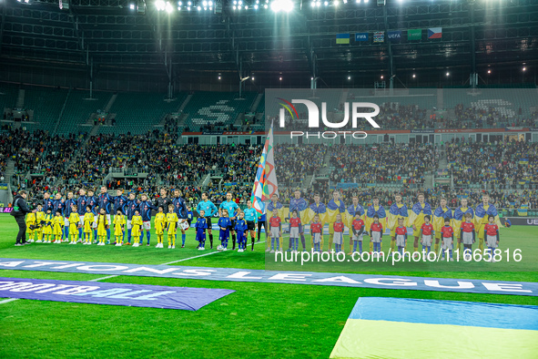 Teams play during a match of the UEFA Nations League between the Ukraine and Czechia national teams in Wroclaw, Poland, on October 14, 2024....