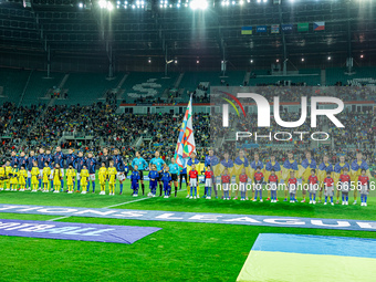 Teams play during a match of the UEFA Nations League between the Ukraine and Czechia national teams in Wroclaw, Poland, on October 14, 2024....