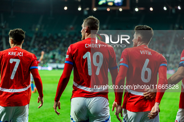 Tomas Chory and Martin Vitik participate in a match of the UEFA Nations League between the Ukraine and Czechia national teams in Wroclaw, Po...