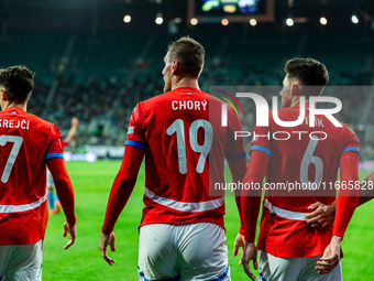 Tomas Chory and Martin Vitik participate in a match of the UEFA Nations League between the Ukraine and Czechia national teams in Wroclaw, Po...