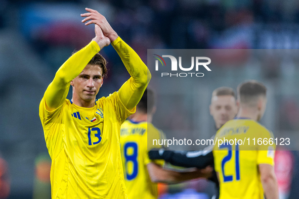 Illia Zabarnyi is playing during the  UEFA Nations League 2024 League B Group B1 match between Ukraine and Czechia , at the Tarczynski Arena...