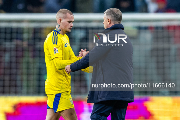 Mykhailo Mudryk and  Serhiy Rebrov after the  UEFA Nations League 2024 League B Group B1 match between Ukraine and Czechia , at the Tarczyns...