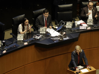 The President of the Senate of Mexico, Gerardo Fernandez Norona, and Jasmine Bugarin, Secretary of the Senate, participate in the drawing of...