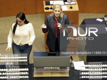 Senator Veronica Camino Farjat serves as Secretary of the Mexican Senate during the drawing of lots for judgeships for the Judiciary in the...