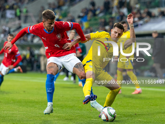 Adam Hlozek, Dmytro Kryskiv are playing during the  UEFA Nations League 2024 League B Group B1 match between Ukraine and Czechia , at the Ta...