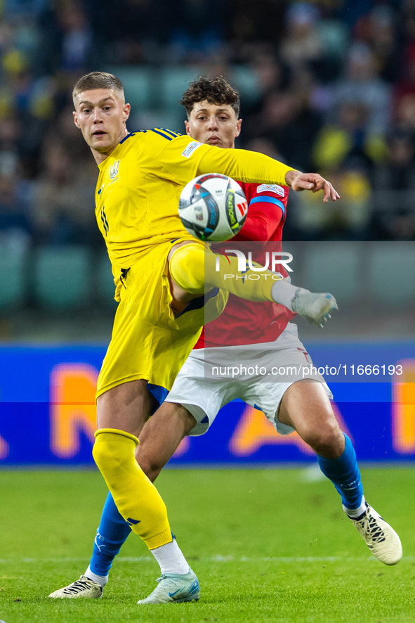 Artem Dovbyk, Ladislav Krejci are playing during the  UEFA Nations League 2024 League B Group B1 match between Ukraine and Czechia , at the...