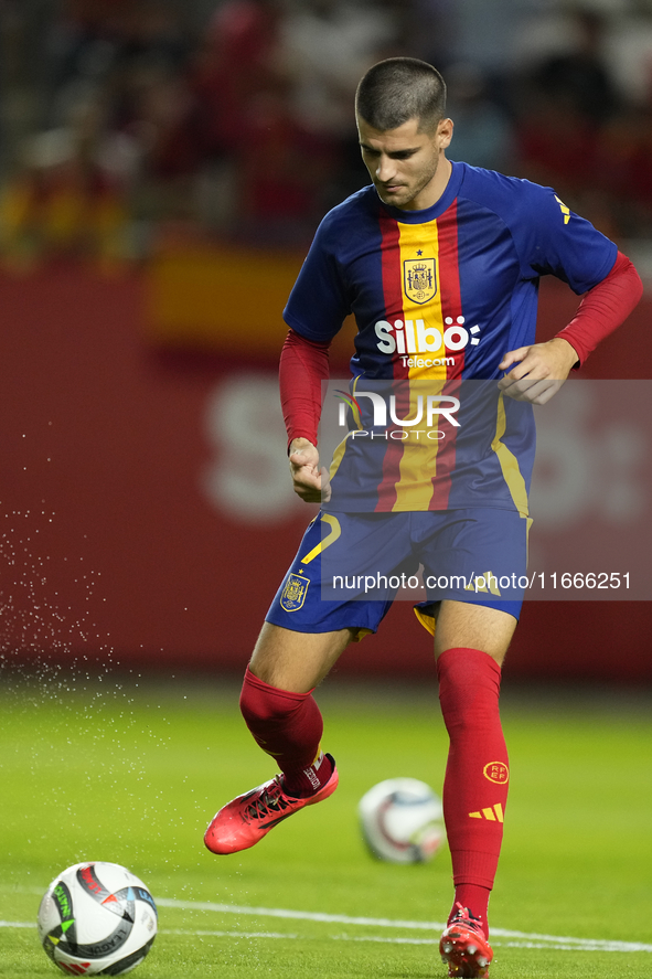 Alvaro Morata centre-forward of Spain and AC Milan during the warm-up before the UEFA Nations League 2024/25 League A Group A4 match between...