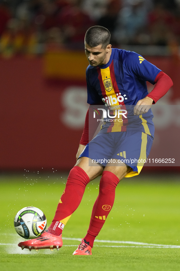 Alvaro Morata centre-forward of Spain and AC Milan during the warm-up before the UEFA Nations League 2024/25 League A Group A4 match between...