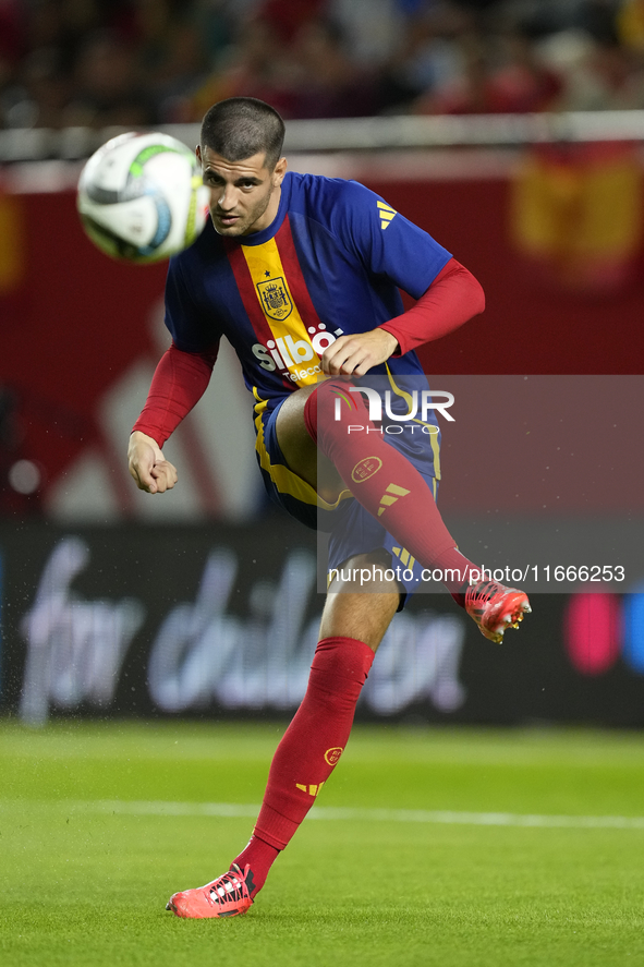 Alvaro Morata centre-forward of Spain and AC Milan during the warm-up before the UEFA Nations League 2024/25 League A Group A4 match between...