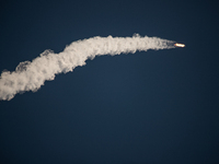 A SpaceX Falcon Heavy rocket lifts off from launch pad 39A at the Kennedy Space Center, carrying the NASA probe Europa Clipper on its way to...