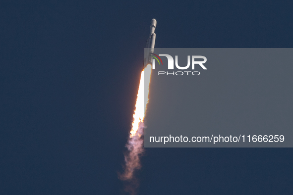 A SpaceX Falcon Heavy rocket lifts off from launch pad 39A at the Kennedy Space Center, carrying the NASA probe Europa Clipper on its way to...