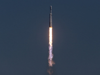 A SpaceX Falcon Heavy rocket lifts off from launch pad 39A at the Kennedy Space Center, carrying the NASA probe Europa Clipper on its way to...