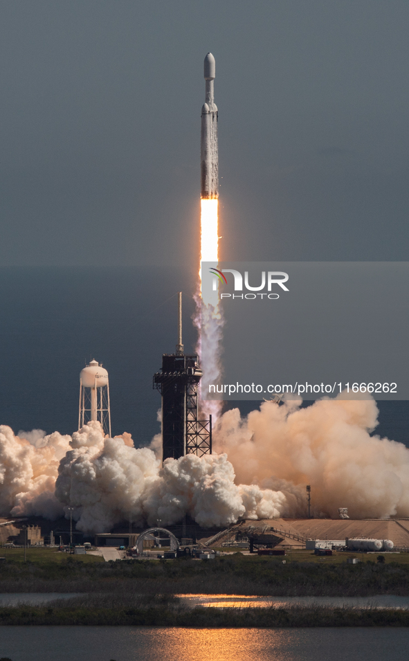 A SpaceX Falcon Heavy rocket lifts off from launch pad 39A at the Kennedy Space Center, carrying the NASA probe Europa Clipper on its way to...