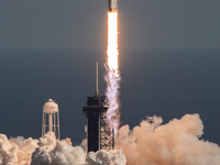 A SpaceX Falcon Heavy rocket lifts off from launch pad 39A at the Kennedy Space Center, carrying the NASA probe Europa Clipper on its way to...