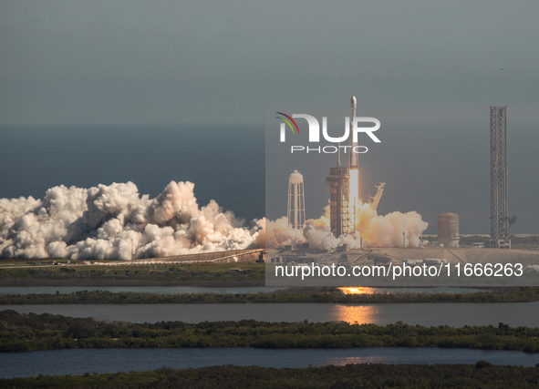 A SpaceX Falcon Heavy rocket lifts off from launch pad 39A at the Kennedy Space Center, carrying the NASA probe Europa Clipper on its way to...