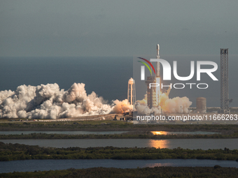 A SpaceX Falcon Heavy rocket lifts off from launch pad 39A at the Kennedy Space Center, carrying the NASA probe Europa Clipper on its way to...