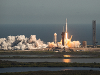 A SpaceX Falcon Heavy rocket lifts off from launch pad 39A at the Kennedy Space Center, carrying the NASA probe Europa Clipper on its way to...