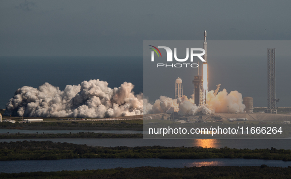 A SpaceX Falcon Heavy rocket lifts off from launch pad 39A at the Kennedy Space Center, carrying the NASA probe Europa Clipper on its way to...