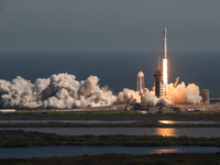 A SpaceX Falcon Heavy rocket lifts off from launch pad 39A at the Kennedy Space Center, carrying the NASA probe Europa Clipper on its way to...