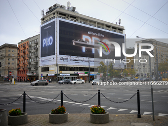 An advertisement for the iPhone 16 Pro is seen on a bulding in Warsaw, Poland on 14 October, 2024. (