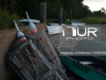 Barnacle-covered and decaying lobster traps, locally known as lobster pots. (