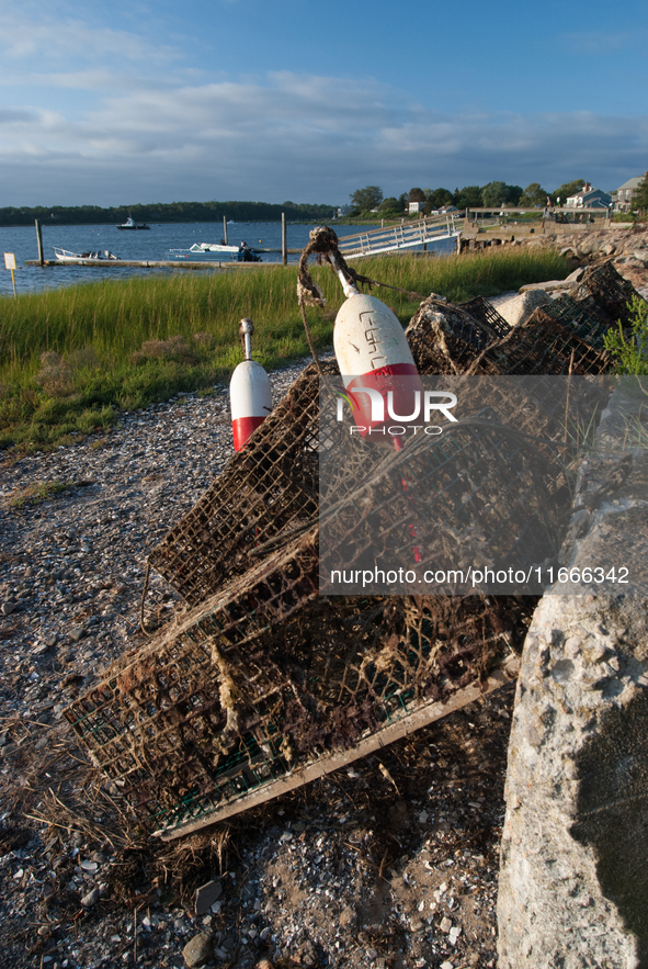 Stacked lobster traps, locally known as lobster pots, are ready for use. 