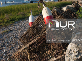 Stacked lobster traps, locally known as lobster pots, are ready for use. (