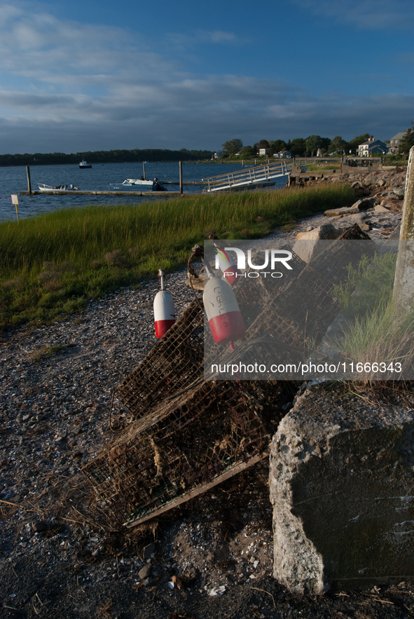 Stacked lobster traps, locally known as lobster pots, are ready for use. 