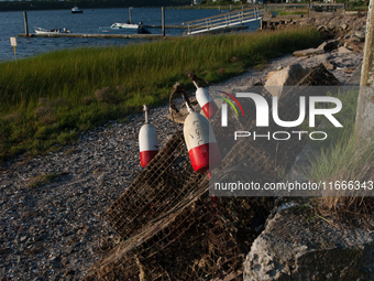 Stacked lobster traps, locally known as lobster pots, are ready for use. (