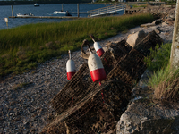 Stacked lobster traps, locally known as lobster pots, are ready for use. (