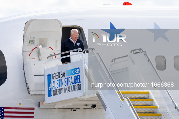 Governor and Vice Presidential nominee Tim Walz arrives in Green Bay, Wisconsin, on October 14, 2024 