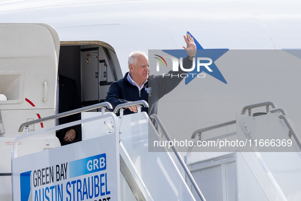 Governor and Vice Presidential nominee Tim Walz arrives in Green Bay, Wisconsin, on October 14, 2024 