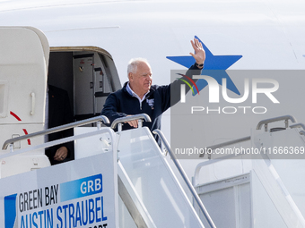 Governor and Vice Presidential nominee Tim Walz arrives in Green Bay, Wisconsin, on October 14, 2024 (