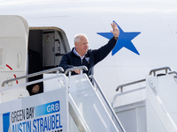 Governor and Vice Presidential nominee Tim Walz arrives in Green Bay, Wisconsin, on October 14, 2024 (