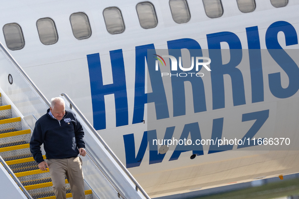 Governor and Vice Presidential nominee Tim Walz arrives in Green Bay, Wisconsin, on October 14, 2024 