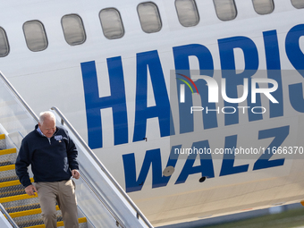 Governor and Vice Presidential nominee Tim Walz arrives in Green Bay, Wisconsin, on October 14, 2024 (