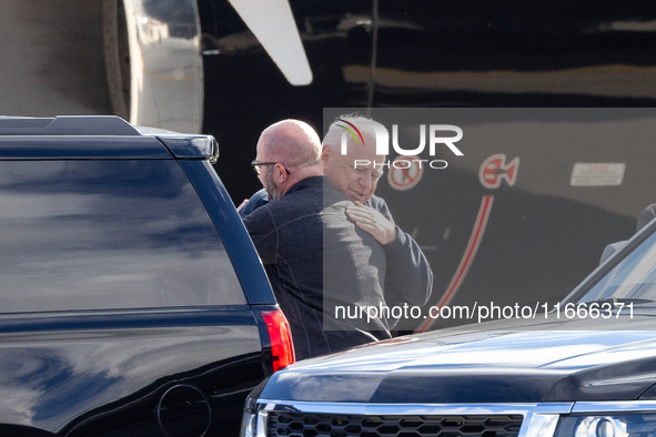 Governor and Vice Presidential nominee Tim Walz arrives in Green Bay, Wisconsin, on October 14, 2024 